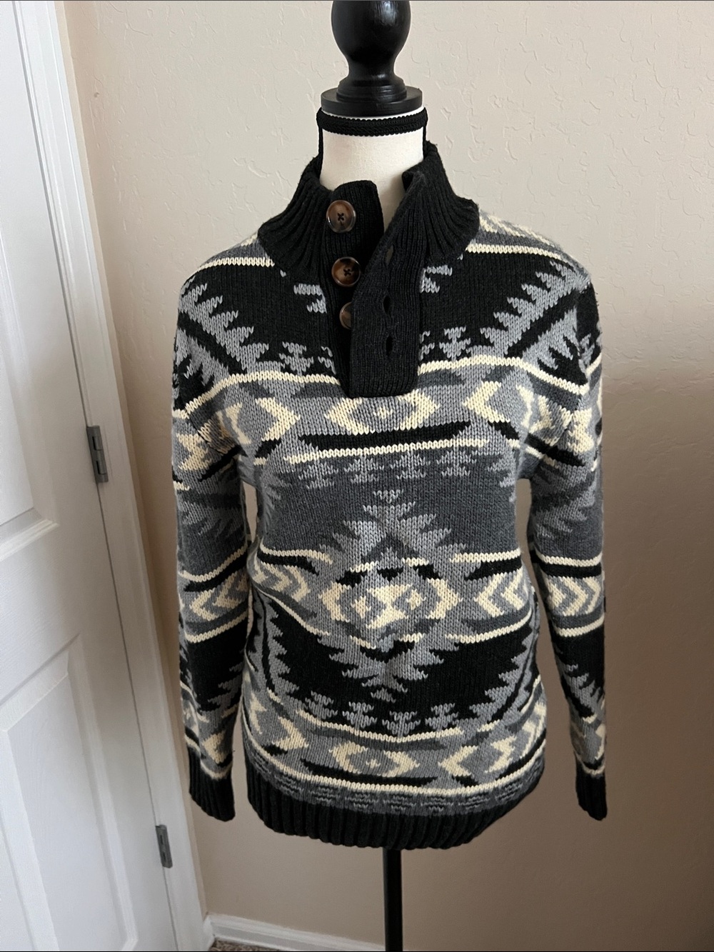 Men's Black & Gray Aztec V-Neck Button Pullover Sweater